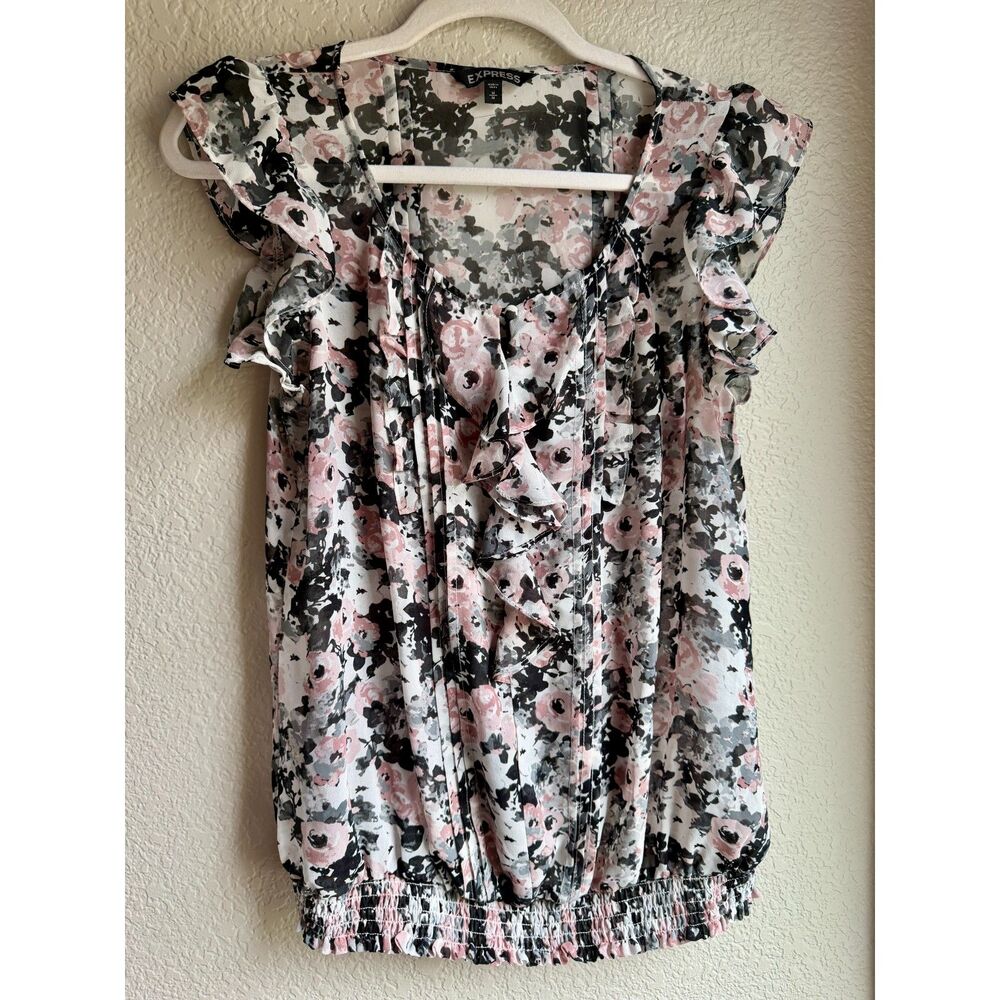 Express 2010 Floral Ruffle Blouse Medium Pink Black Smocked Hem Y2K Style